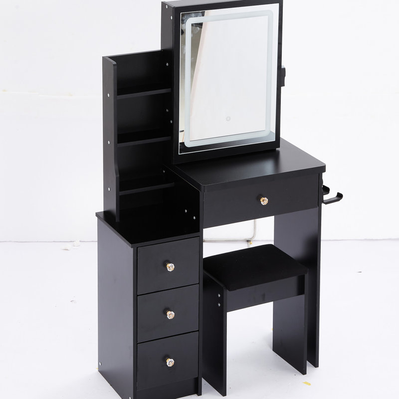Black Dressing Table And Stool - 2 Ac & , Touch Control Led Mirror With , American Design Small Bedroom Chair, + Chargers, Large Sliding Touch-Control Mirror, , , Finish