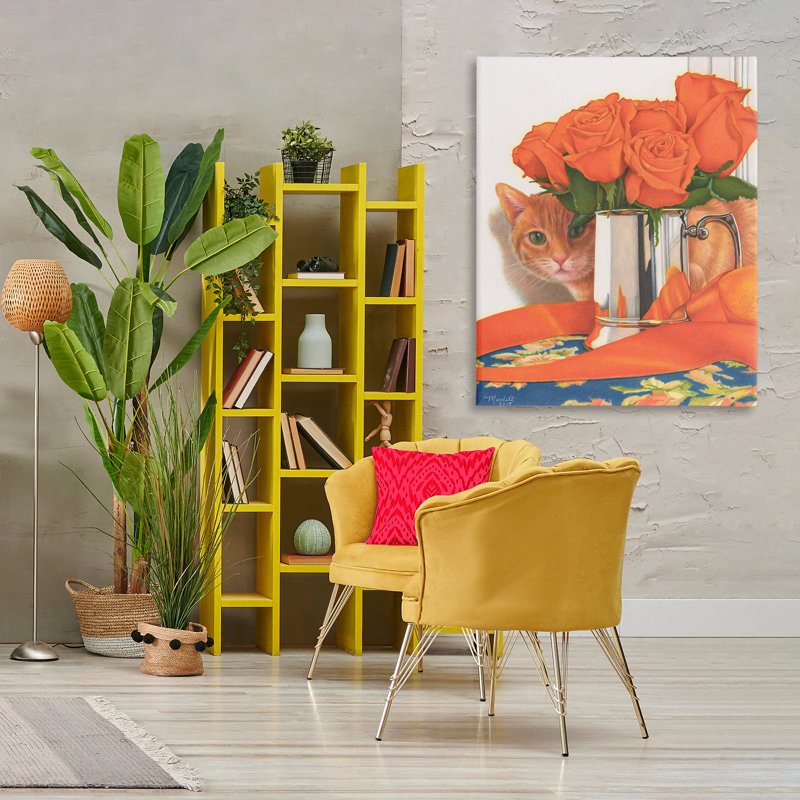 «Cat Peeking Rose Bouquet» par Mardell Schuster, H 20 po x l 16 po x P 1,5 po
