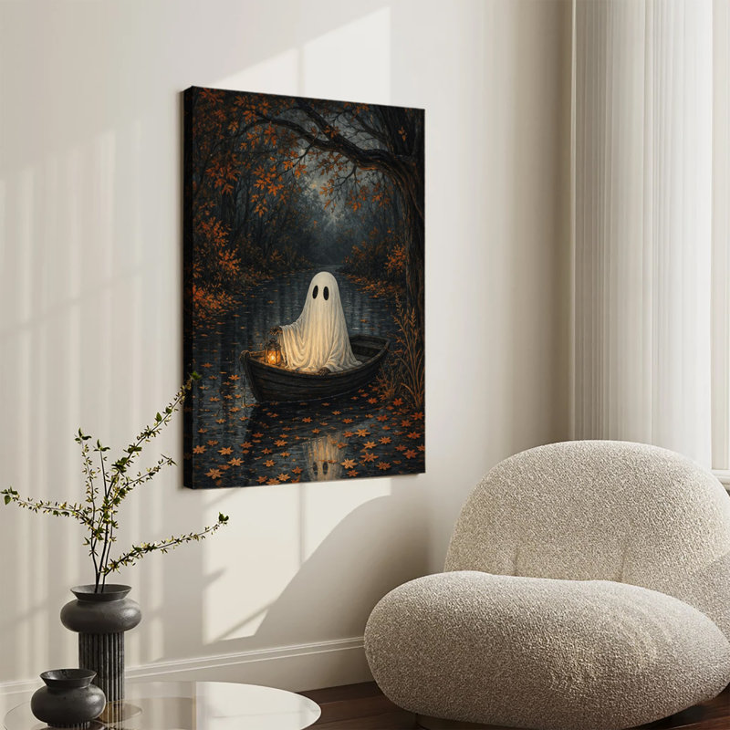 Grande reproduction d'art sur toile tendue, bateau à rames fantômes avec lanterne sur rivière d'automne, impression sur toile de feuilles d'automne effrayantes pour la décoration murale de salon et de chambre à coucher