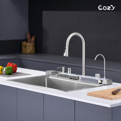 33" Drop-in Single Bowl Stainless Steel Kitchen Workstation Sink with Air Gap