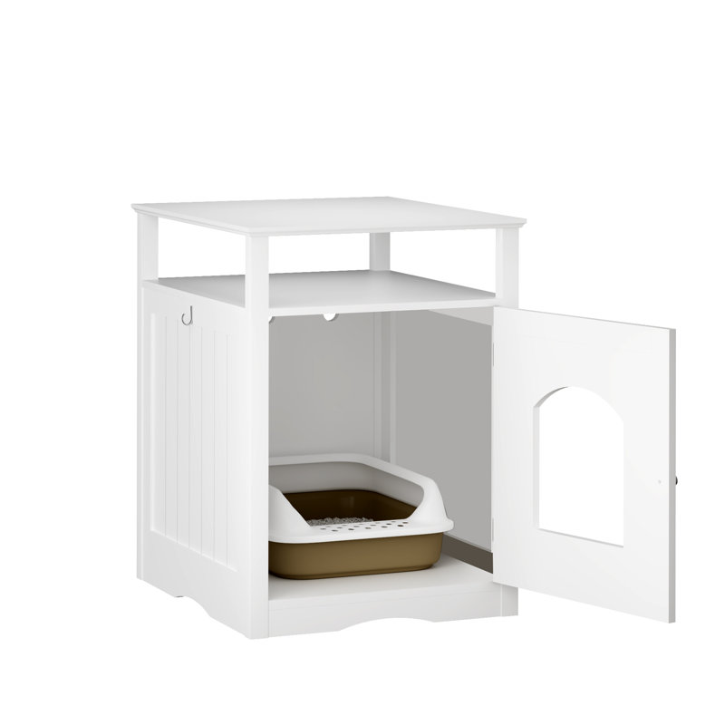 Enceinte de litière moderne en bois avec tablette de rangement et armoire cachée pour l'intérieur.