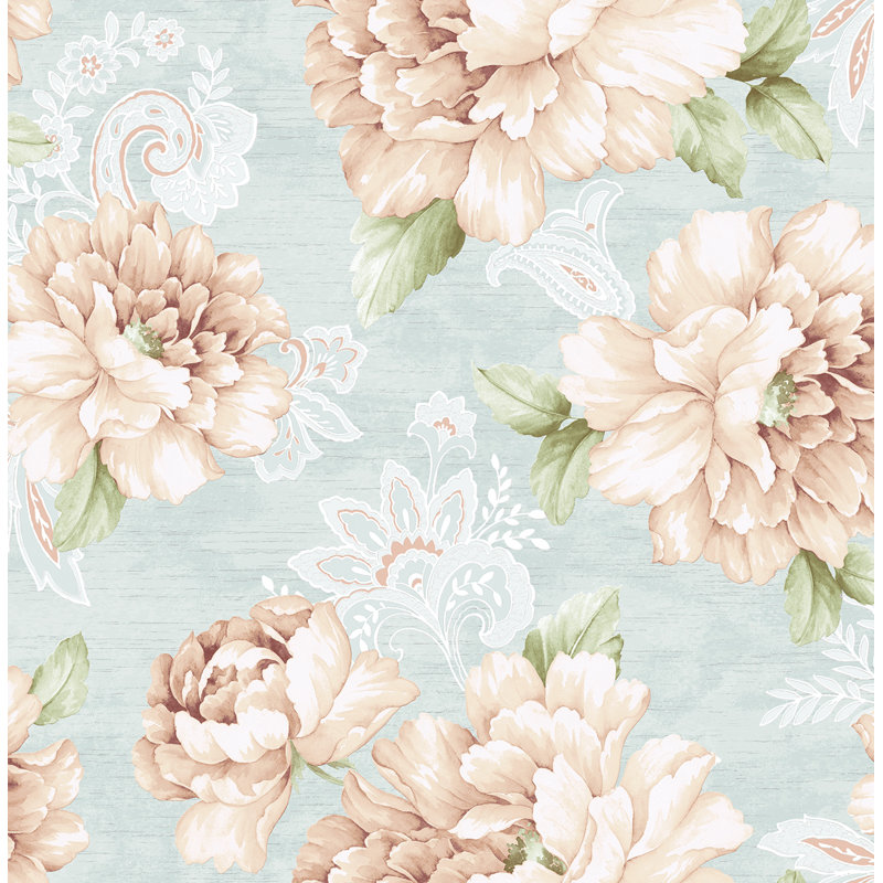 Papier peint à motif floral cachemire canari bleu ciel et bleu marine Seabrook Designs, Bleu ciel / rosé métallique