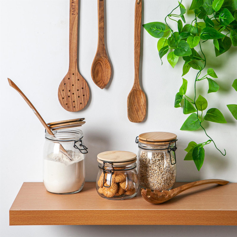 Argon Tableware - Wooden Clip Lid Storage Jars - Clear Seal - Set of 3, 14cm H x 11cm W x 13cm D
