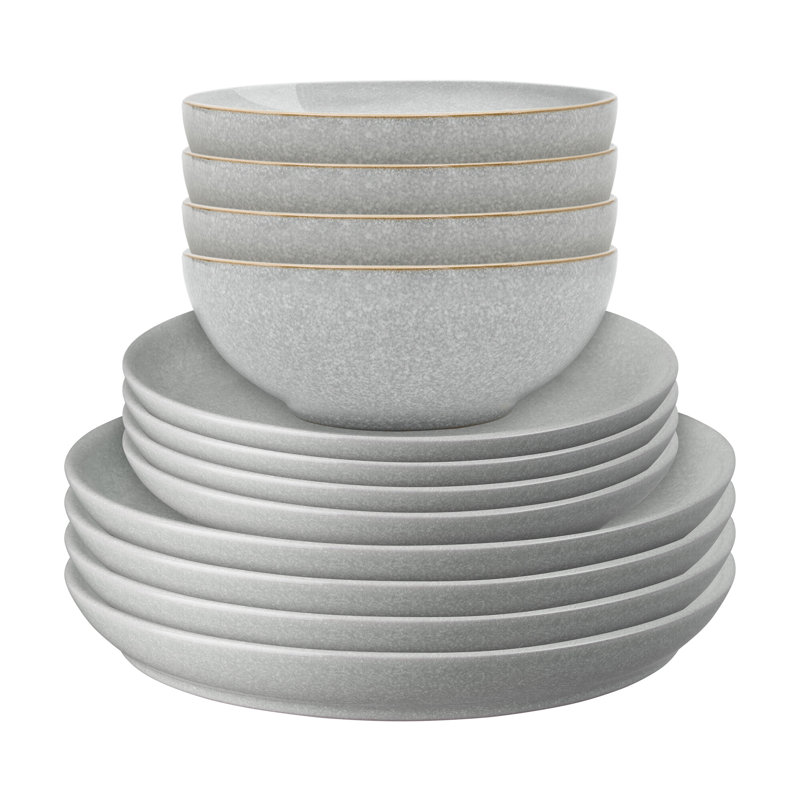 Denby Elements 12 Piece Coupe Dinnerware Set, Service for 4, Light Grey