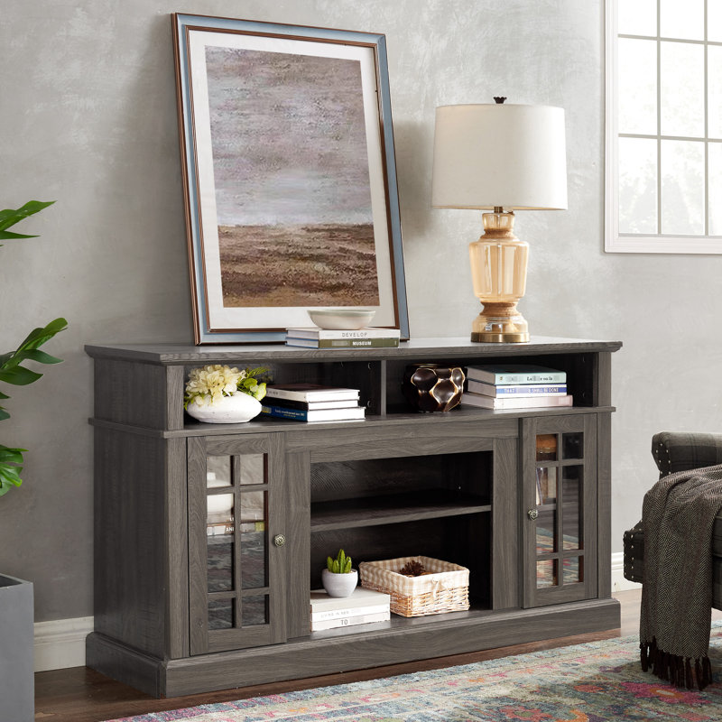 Meuble télé avec portes en verre pour console de divertissement 65 po - Finition noyer foncé et dissimulation de câbles