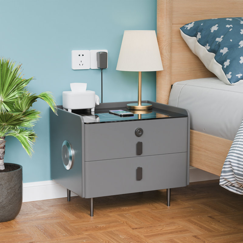 Cathriona 2 - Drawer Nightstand With Fingerprint Lock And Led Lights And Music Player, Gray