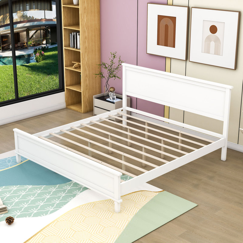 Base de lit plateforme Mid-Century en bois avec amplement de rangement sous le lit et support de lattes, Blanc