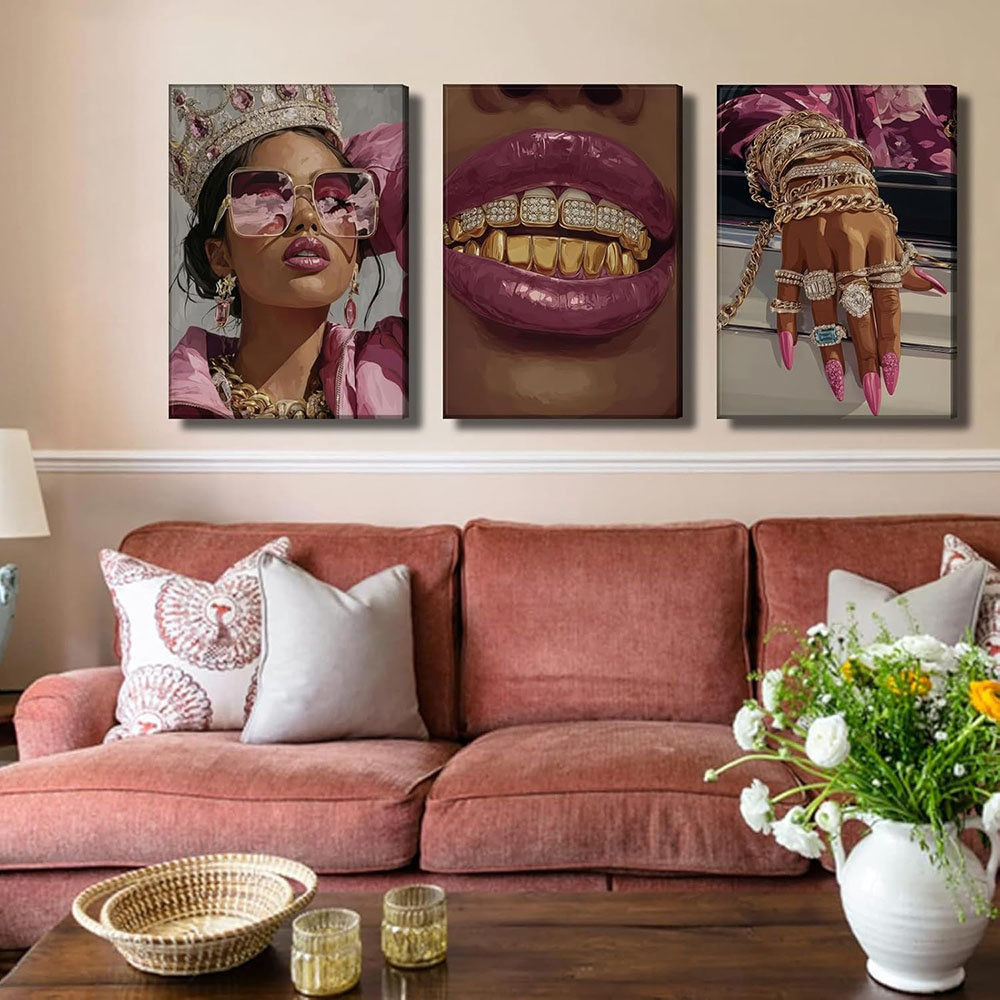 Dakota Fields 3 Pcs Pink Black Girl Canvas Wall Art Luxury African ...