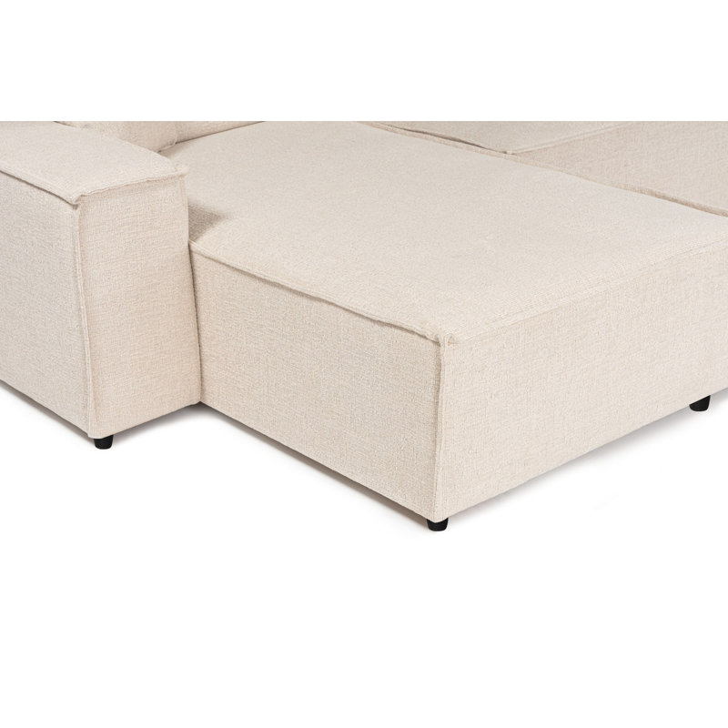 Elegant Corner Sofa, Beige Fabric, 65.7 x 134.3 x 103.1 inches | Durable Beech Wood & Chipboard Frame, 100% Polyester, Soft Foam Cushions | Includes 2 Dry-Cleanable Pillows, Stylish Black Wooden Legs, Perfect for Living Rooms