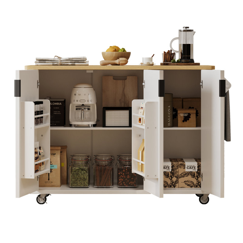 K&K 51" Fluted Kitchen Island With Drop Leaf, Farmhouse Accent Kitchen Island On Wheels With Internal Storage Rack, Rolling Kitchen Cart With Towel Rack For Kitchen, Dining Room, White Ash