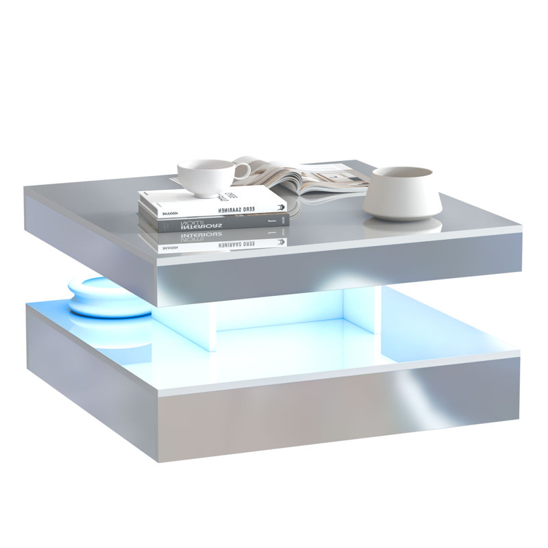 Charvez High-Gloss Coffee Table with 16 Colors LED Lights, White Marble, 40cm H x 78cm W x 78cm D