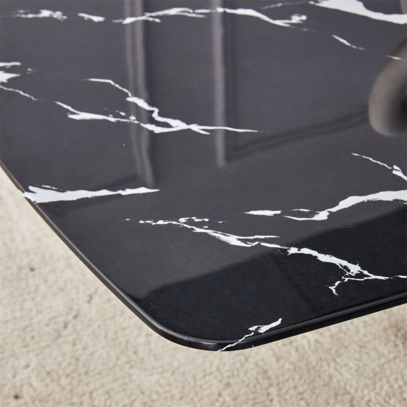 63"x35.4" Luxurious Black Marble-Patterned Tempered Glass Dining Table.Single Fork Golden Metal Table Legs.Tempered Glass Table Top,Golden Metal Leg.Adaptable To Various Decoration Styles.W1151S03298