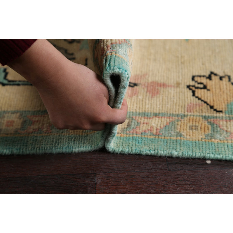 Tapis décoratif bleu/beige en laine de conception unique 8 pi 9 po x 11 pi 5 po noué à la main New Age