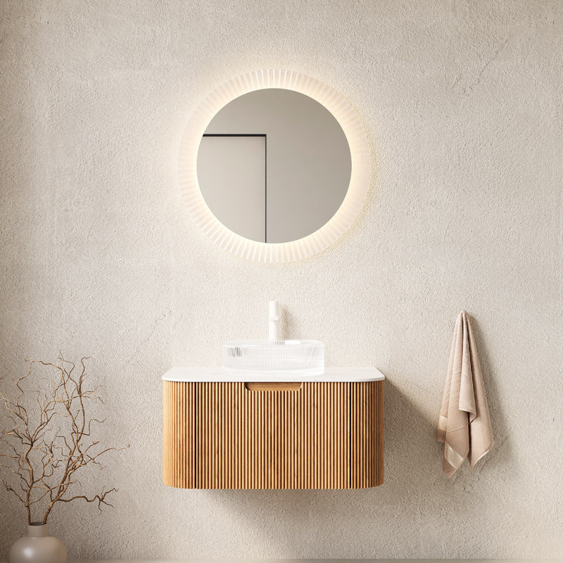 Meuble-lavabo de 30 po avec lavabo artistique rayé transparent, finition 3D grain de bois naturel, armoire pré-assemblée, glissières de tiroir à fermeture en douceur, grand espace de rangement, contreplaqué, décor moderne