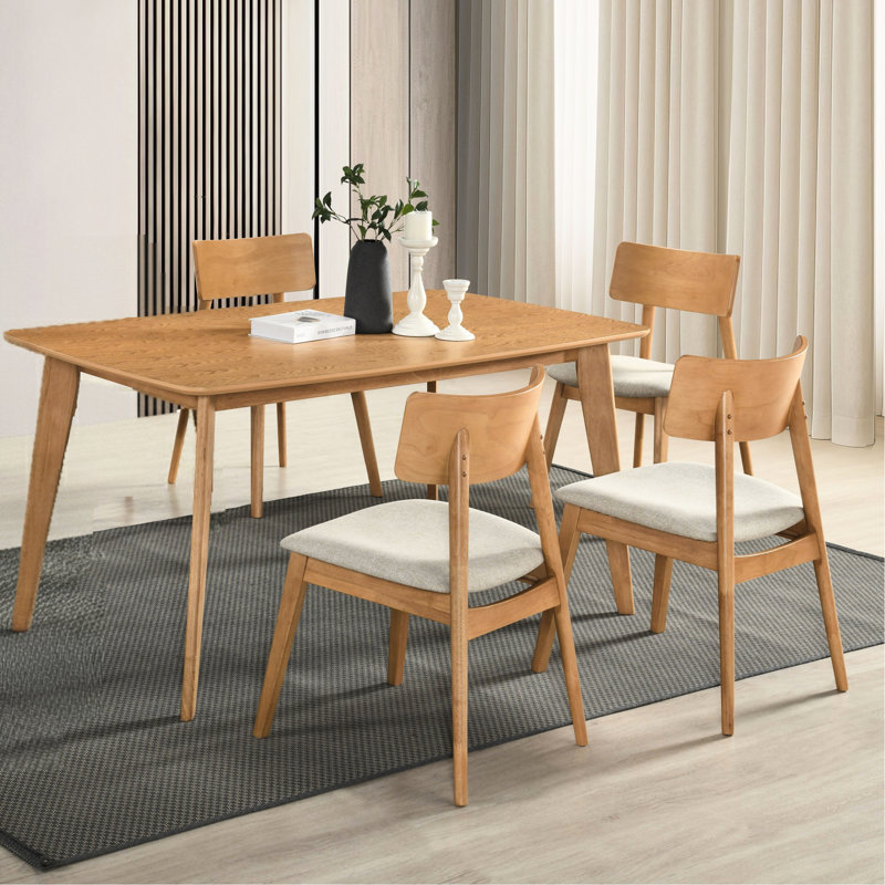Table de salle à manger 5 pièces Style, table rectangulaire, chaises à dossier incurvé rembourrées en tissu beige, finition chêne naturel, sièges 4