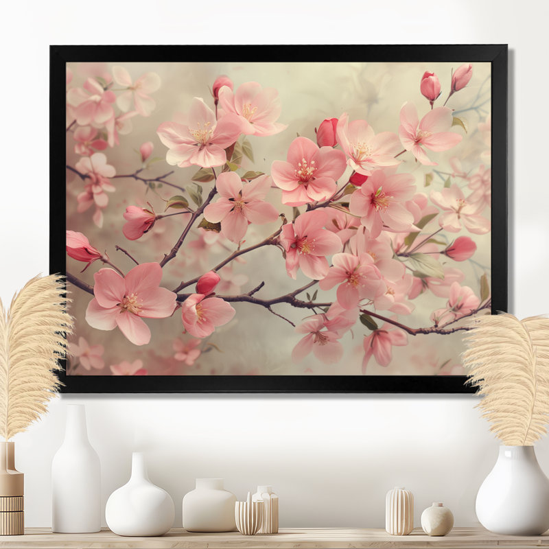 Rose et rose, pomme, fleurs du printemps II, H 34 po x l 44 po, Cadre flottant doré