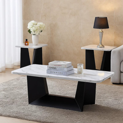 Ensemble de table basse et de table de bout 3 pièces Ady, plateau rectangulaire en faux marbre blanc, noir