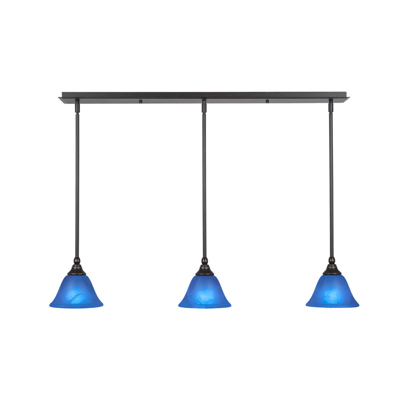 3 Light Stem Hung Linear Pendalier Shown With 7" Blue Italian Glass, Bronze