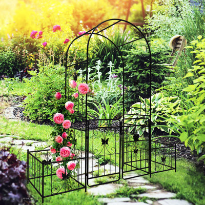 Metal Garden Arch With Gate, 79.5''X86.6'', Black - Dear Climbing Plants: Ivy, Rose, Morning Glory, , Jasmine 79.5''X86.6'' Singular