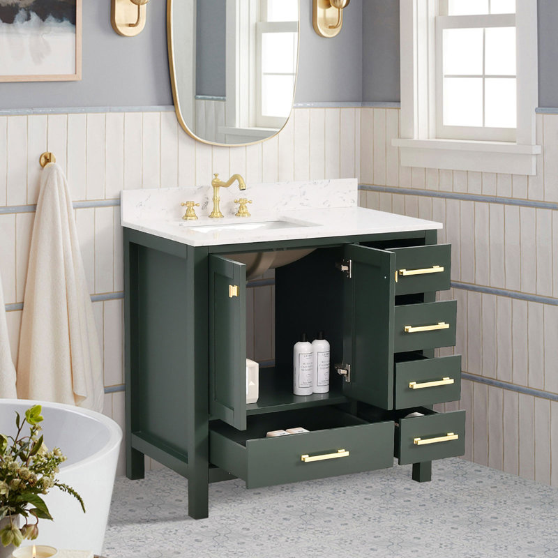 Zenith 36'' Single Bathroom Vanity With Engineered Stone Top, Green, Brushed Gold