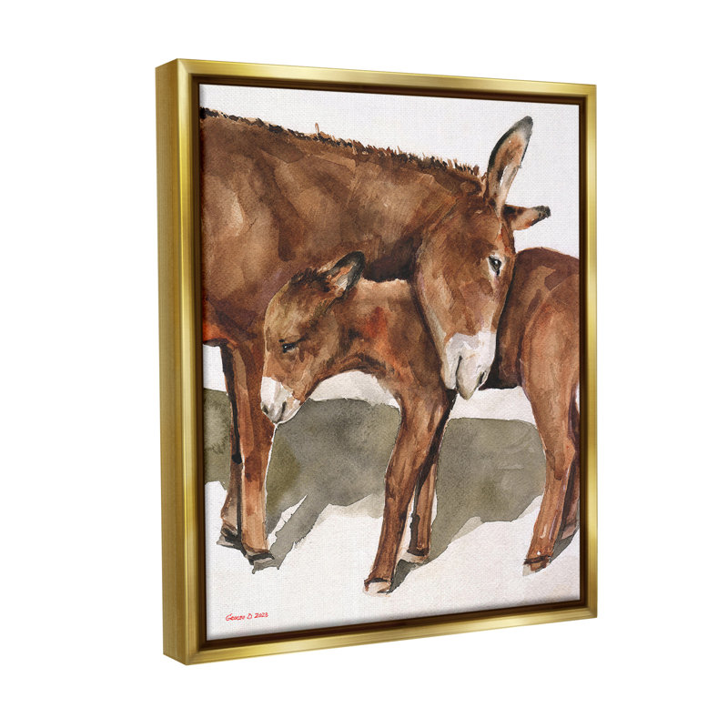 "Cuddling Donkey & Foal" par GeorgeDyachenkoArt sur toile, Cadre flottant métallique doré, H 21 po x l 17 po