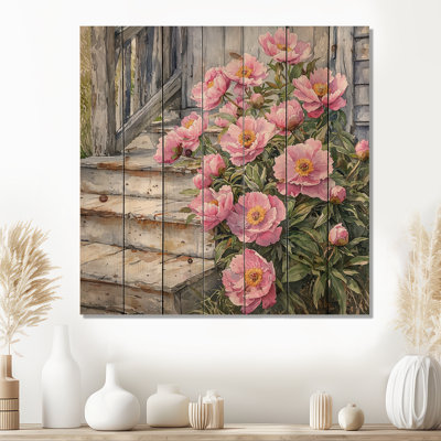 Pink Peonies By The Farmhouse Steps II - Peonies Wood Wall Decor - On Natural Pine Wood