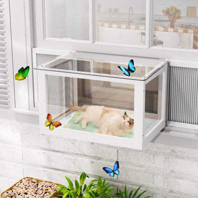 Cat Window Box, Catio Outdoor Cat Enclosure With Bug Proof Wire Mesh Fits Double Hung Frames 26" To 43" Wide, Window Perch With Waterproof Clear Roof For Sunbathing Napping Overlooking