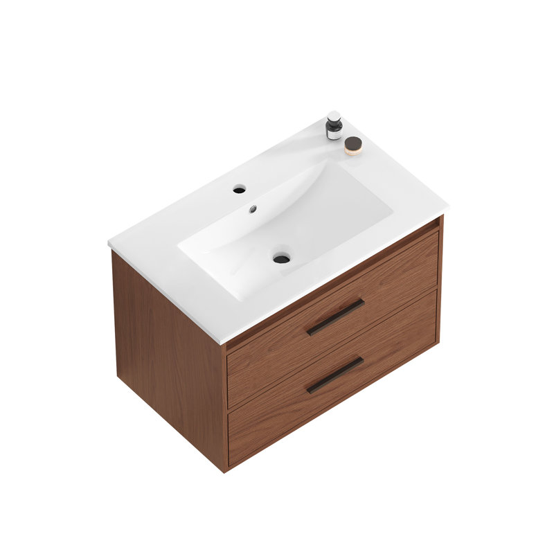 Ensemble de meuble-lavabo mural 30 po avec lavabo en céramique et portes à fermeture en douceur, brun rougeâtre