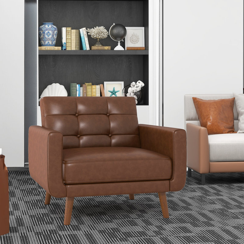 Gaige 36.61'' Wide Mid-Century Faux Leather Tufted Back Armchair With Solid Wood Legs, Brown