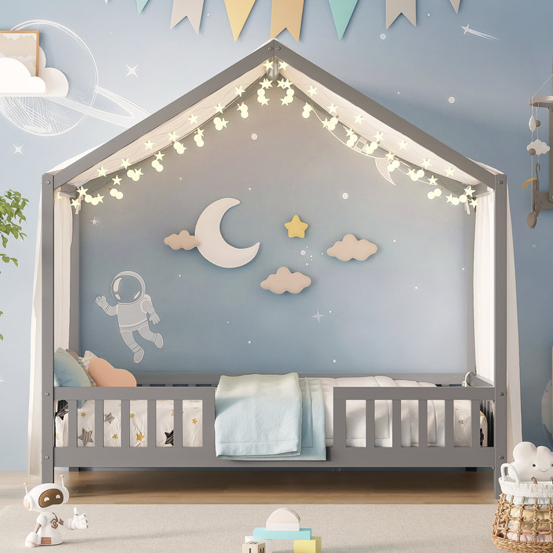 Lit de sol avec baldaquin Montessori, structure de lit simple, Gris, Lit simple