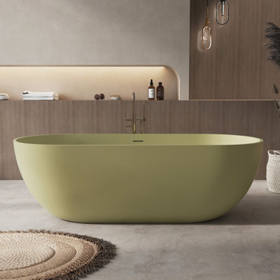 69" Solid Surface Freestanding Bathtub, Modern Stone Resin Soaking Tub With Pop-Up Drain & Overflow