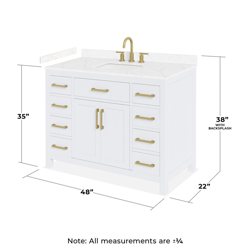 Meuble-lavabo simple 48 po Beckett en blanc, comptoir en marbre de culture de Carrare, lavabo carré encastré (3 trous), garniture or brossé
