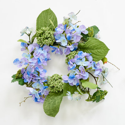 16" Artificial Hydrangea and Green Leaves Wreath