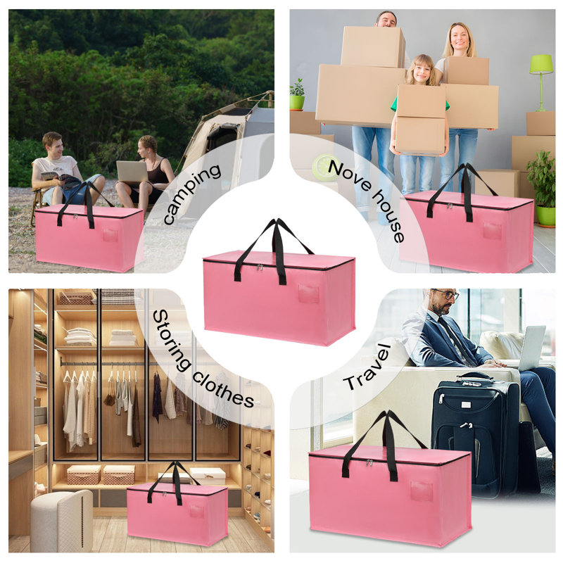  4 Pack Storage Bins with Lids, Heavy Duty Closet Organizers and Storage, Foldable Clothes Storage Bags, Storage Containers for Blanket, Comforter, Pillow, Bedding (Pink, 4 Pack)