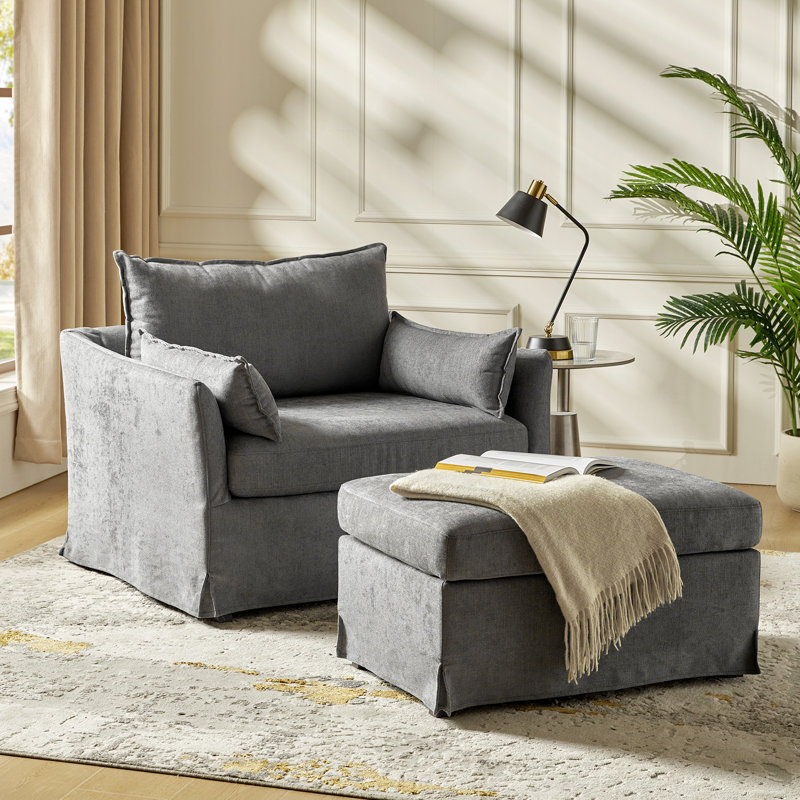 Upholstered With Footstool Armchair, Grey