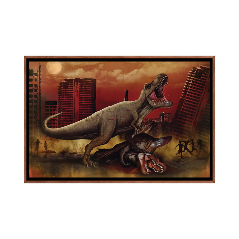 T-Rex Defeating A Spinosaurus Dinosaur In Battle by Aram Papazyan - Graphic Art on Canvas, White Framed