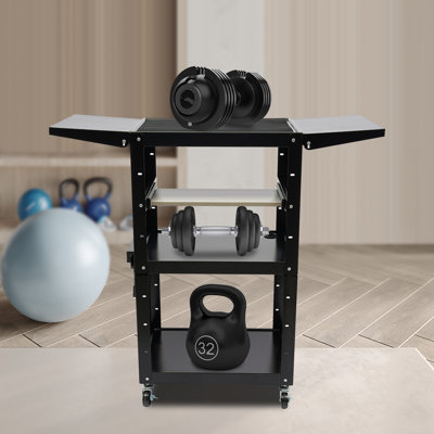 3 Tier Large Steel Rolling Cart With Wheels Power Strip And Drop Leaves Supports Up To 300 Lbs