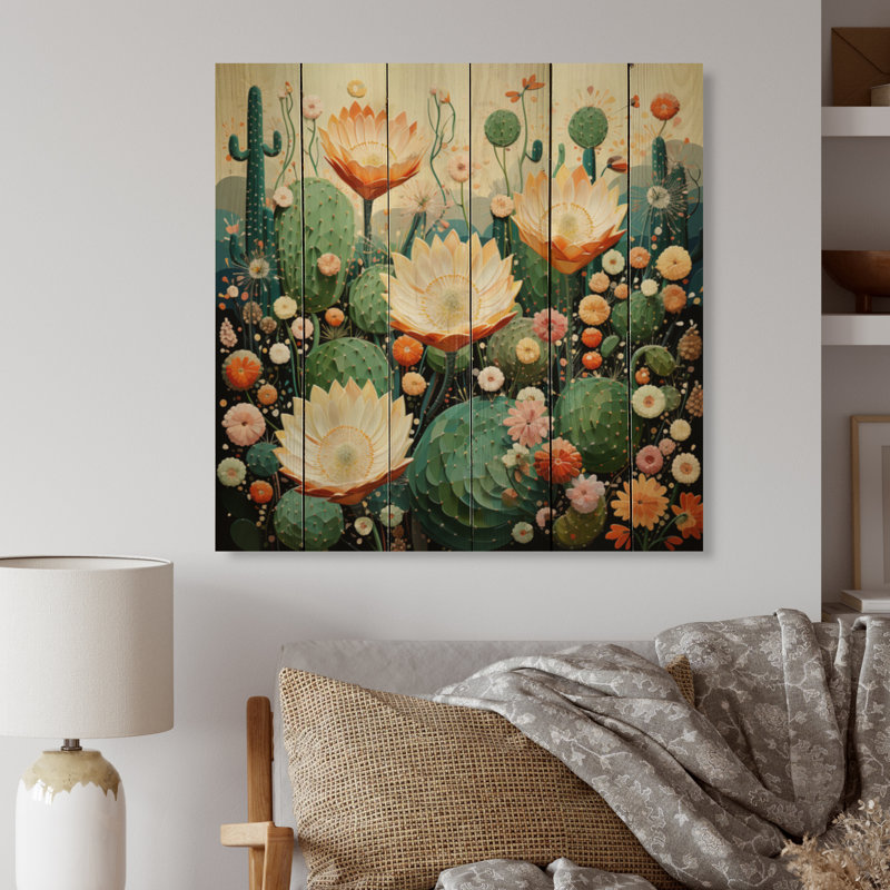 «Kavantzas Coral Green Cactus Desert Blooms Pointillism II» sur impression sur bois, H 30 po x l 30 po x P 0,78 po