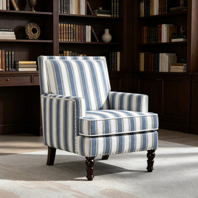 Chaise d'appoint rembourrée, fauteuil vintage avec tissu en lin rayé bleu et blanc et garniture cloutée pour le salon
