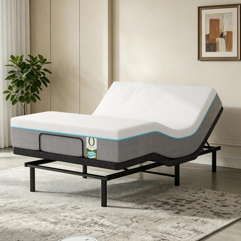 Ensemble de lit réglable Cyrielle + matelas en mousse viscoélastique imprégnée de gel rafraîchissant de 12 po - lit électrique à gravité zéro avec télécommande sans fil, inclinaison de la tête / du pied, lumière DEL, ferme moyenne sans fibre de verre