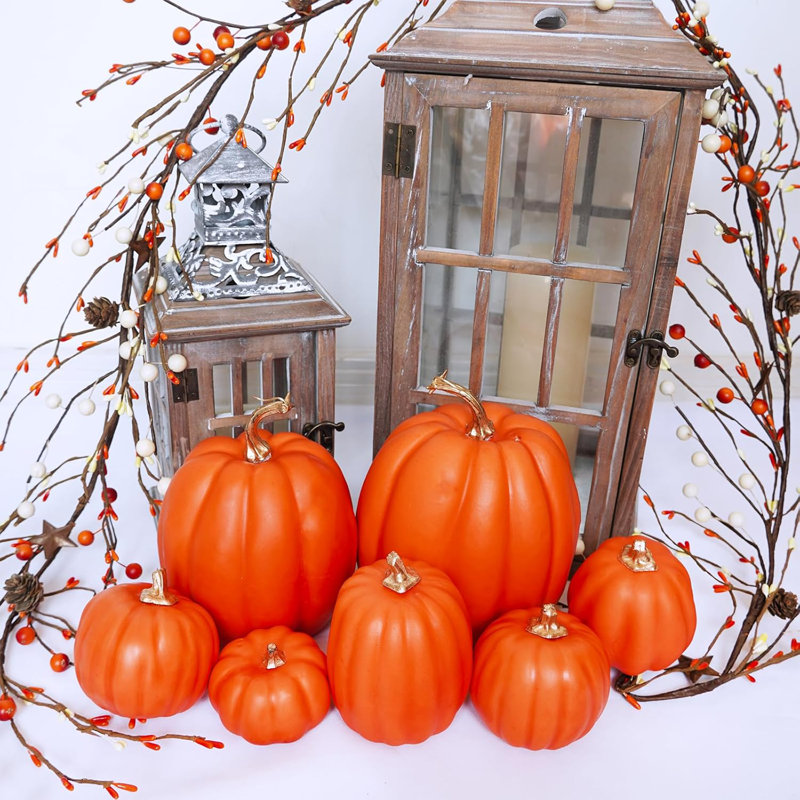 Assorted Dark Orange Foam Pumpkins with Gold Stems for Fall Decor