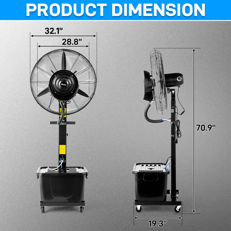 3 Speeds Outdoor Misting Pedestal Fan In Black, 70.9" H x 32.1" W x 19.3" D