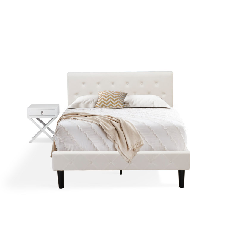 2 Piece Bedroom Set - Full Size Button Tufted Platform Bed Frame - Linen white Velvet Fabric Upholstered Headboard and an Urban Gray Finish Nightstand