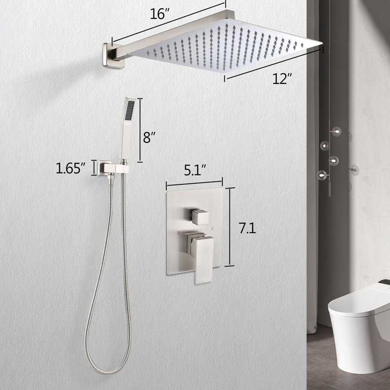 12" Shower Head System Wall Mounted - Brushed Nickel, Brass, Self-Cleaning Nozzle For Steady And Unimpeded Water Release, American Standard Pipe Rain Mounting Uninterrupted Flow, Compliant