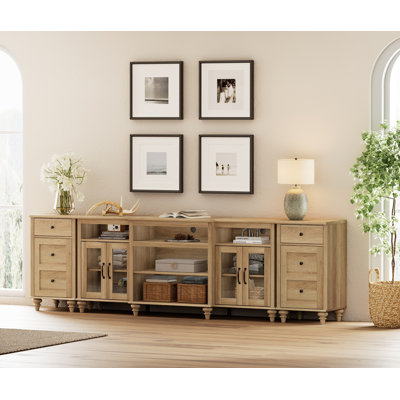 Meuble télé Scarlett, centre de divertissement à domicile avec station de recharge pour téléviseur de 85 po, grande console de télévision avec armoire de rangement