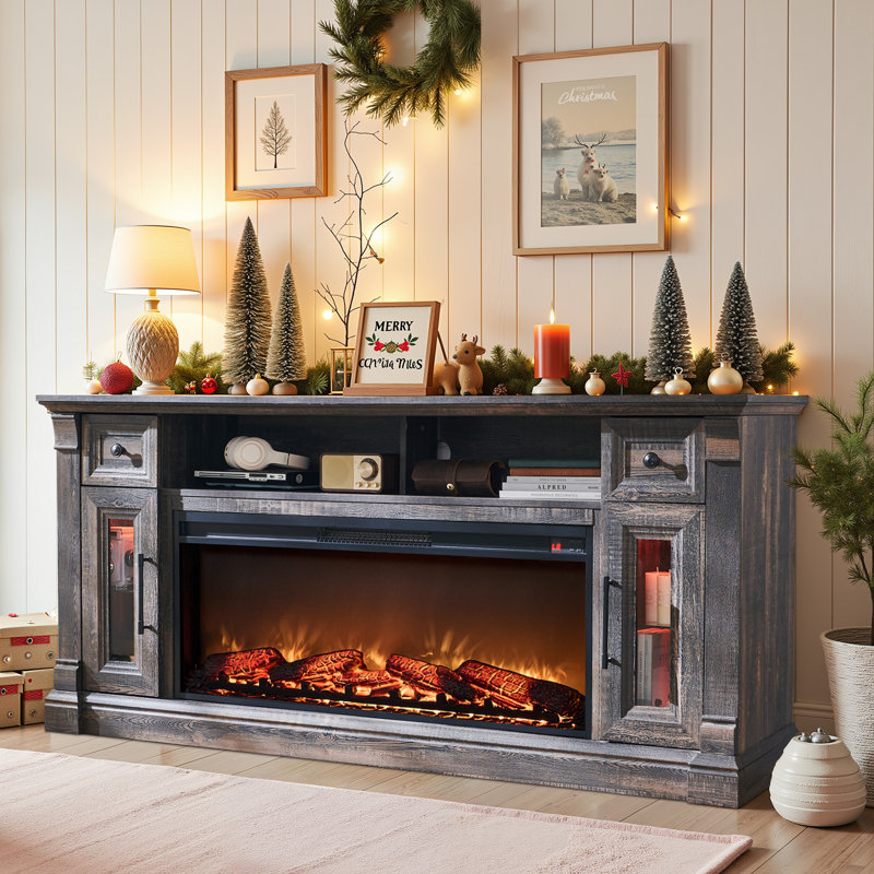 Farmhouse Fireplace TV Stand for 80'' TVs with Fireplace and Timer, Dark Rustic
