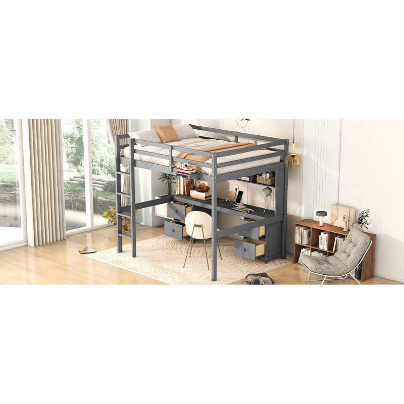 Lit mezzanine double avec bureau, armoires, tiroirs et charge électrique, armoire fonctionnelle grise et charge, Gris