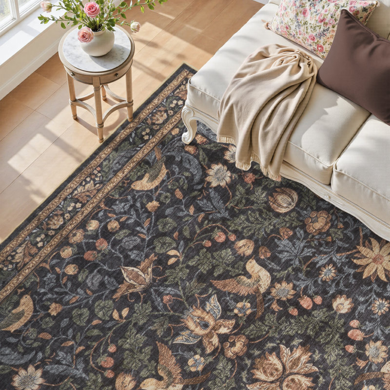 Soft Vintage Floral Washable Non-Slip Area Rug For Living Room, Bedroom Charcoal & Sage Green, Rectangle 8' x 10'