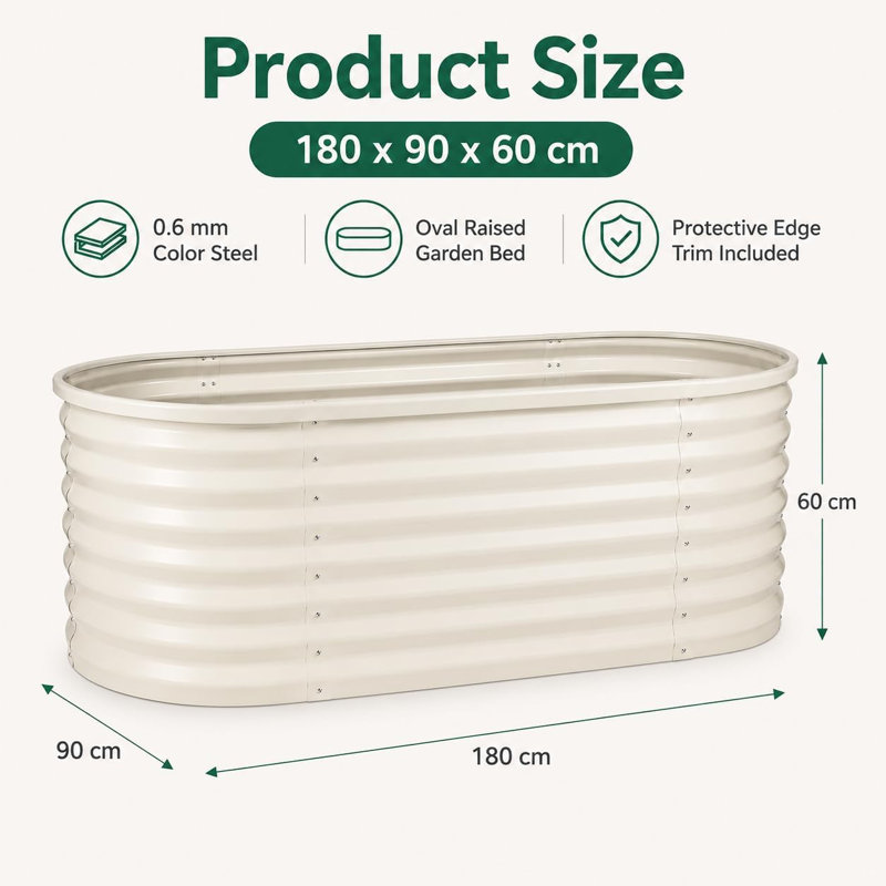 Metal Raised Garden Bed, Beige, 60cm H x 180cm W x 90cm D