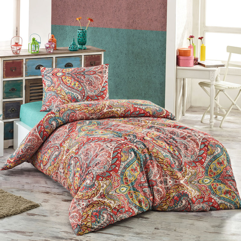 Ensemble de housse de couette 3 pièces en mélange de coton rouge / bleu / jaune Laub